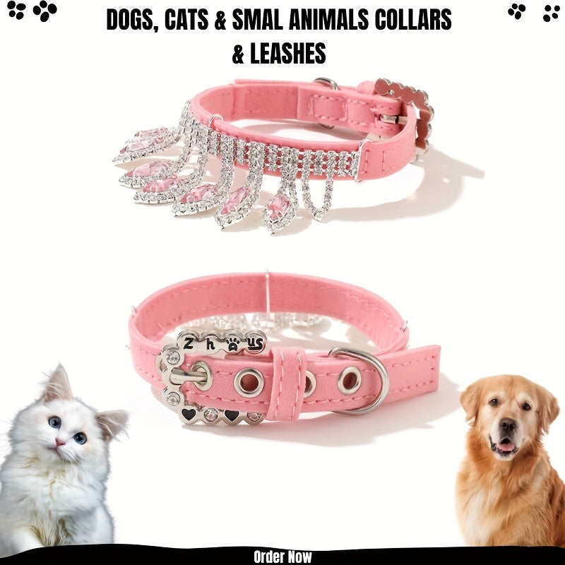 Exquisite Adjustable Jeweled Pet Collar and Leash Set - Soft Leather, Elegant Design, Hand Wash Only, Suitable for Dogs, Cats, and Small Animals