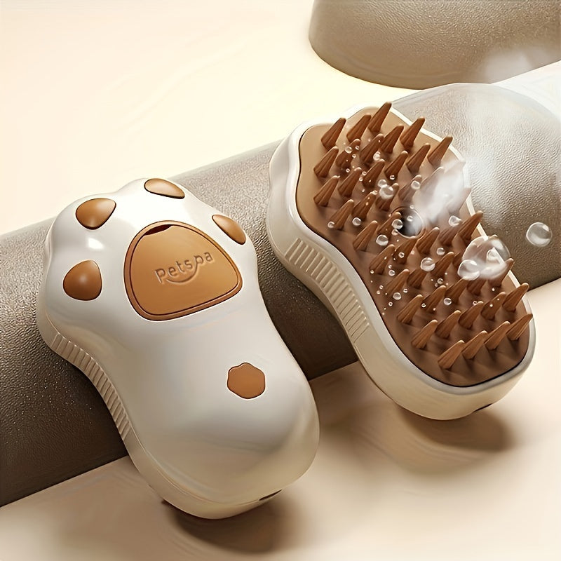 3-in-1 Self-Cleaning Steam Cat Brush - USB Rechargeable Pet Grooming Tool with Comfort Massage, Hair Removal & Nail Trimming Features for Cats and Dogs, Paw-Shaped Silicone Bristles