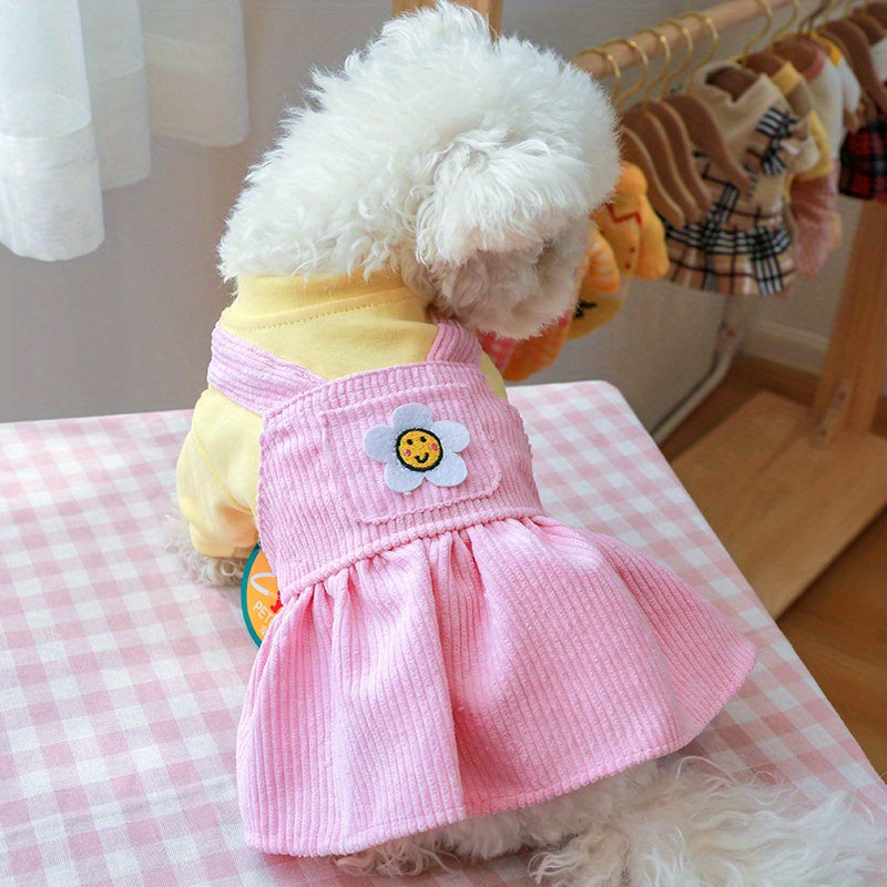 Pink Warm & Comfortable Knit Sunflower Couple Dog Dress - Cozy Pet Apparel for Small Breeds, Fall/Winter