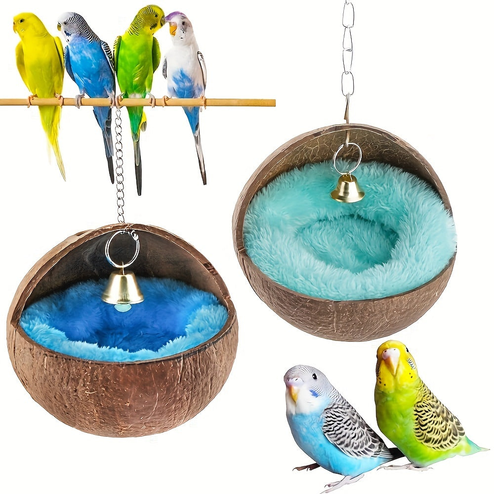 Coconut Shell Bird Nest with Warm Cushion and Bell for Small Birds