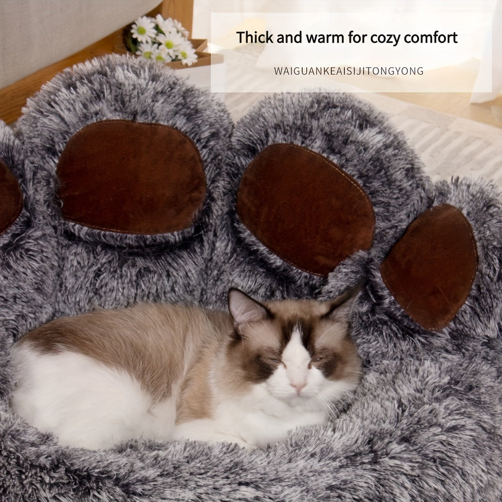 Cozy Bear Paw Plush Pet Bed - Warm, Comfortable & Washable Cat and Dog Nest for All Seasons