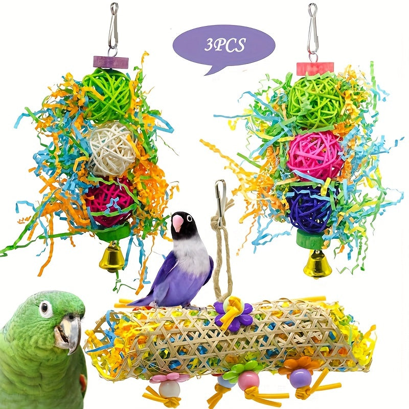 3pcs Colorful Rattan Parrot Toy Set - Shredded Paper Fun, Natural Rattan Ball, Bird Cage Pendant Accessories - Perfect for Budgerigar, Peony, Cockatiel Birds