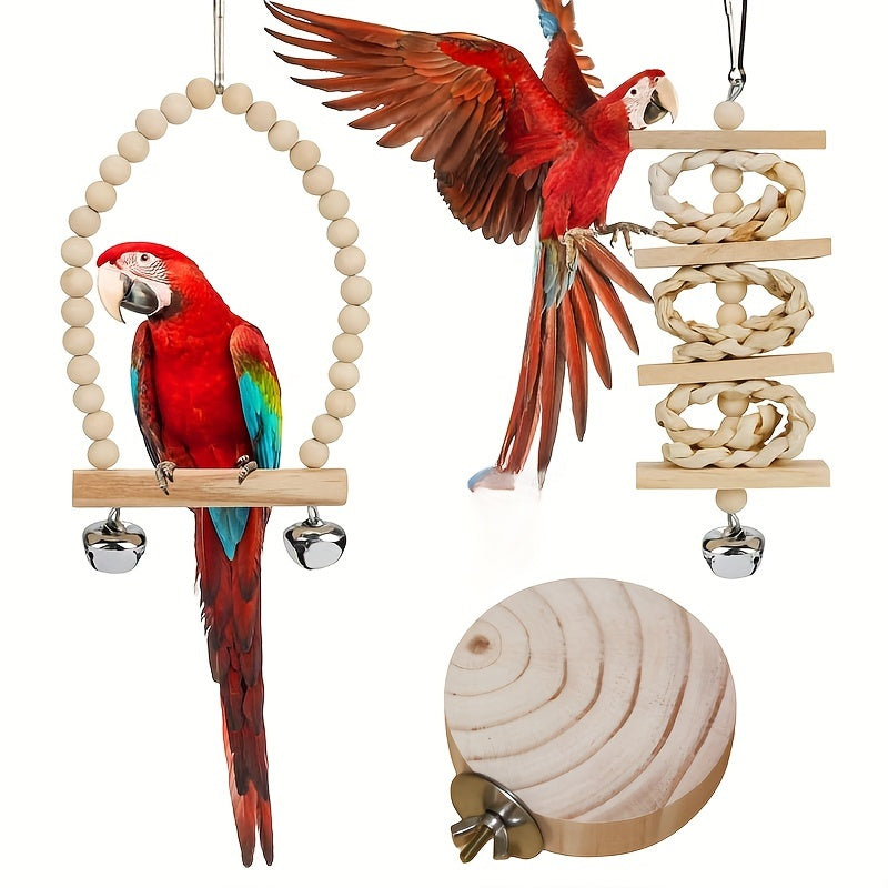 8pcs Bird Toy Set with Swing, Perch, Bell & Chew Toys - Wooden Parrot Play and Exercise Accessories for Small to Medium Cages