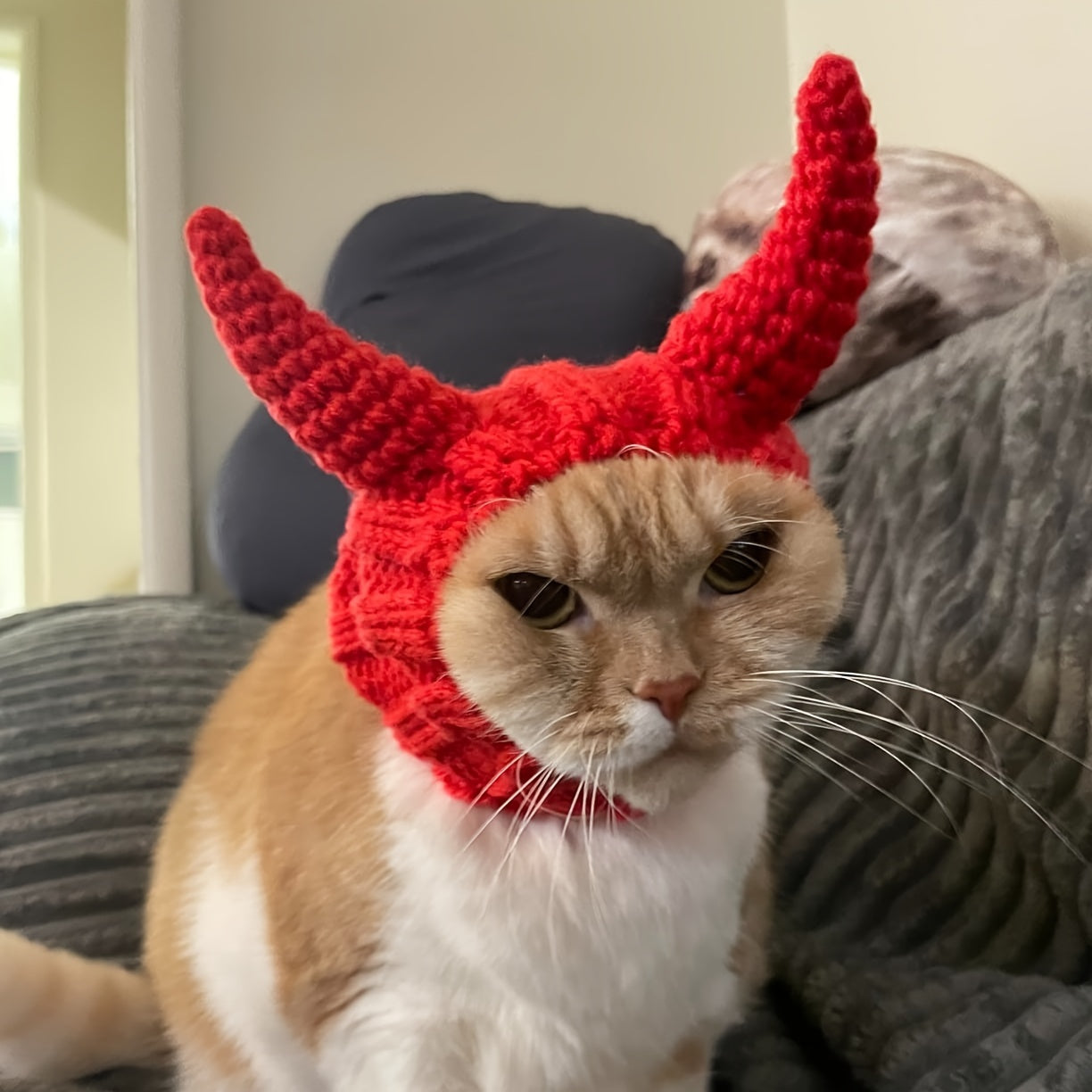 Dog & Cat Devil Horns Beanie - Cozy Knit Pet Earmuffs Ear Warmer Headband, All-Season Polyester Hat for Pets, Ideal for Winter, Halloween, Christmas Pet Accessories, Suitable for Small, Medium, Large Breeds