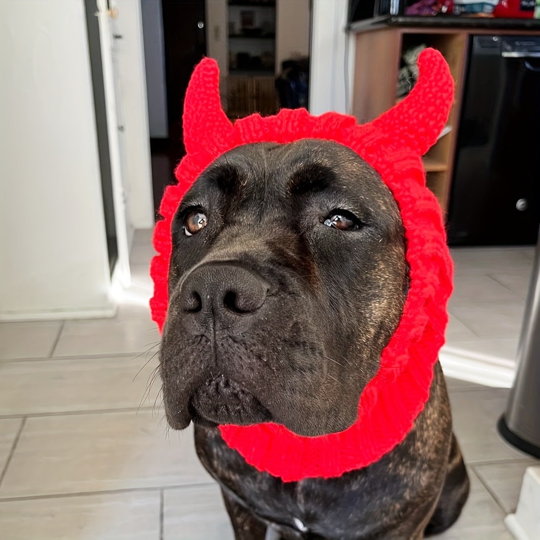 Dog & Cat Devil Horns Beanie - Cozy Knit Pet Earmuffs Ear Warmer Headband, All-Season Polyester Hat for Pets, Ideal for Winter, Halloween, Christmas Pet Accessories, Suitable for Small, Medium, Large Breeds