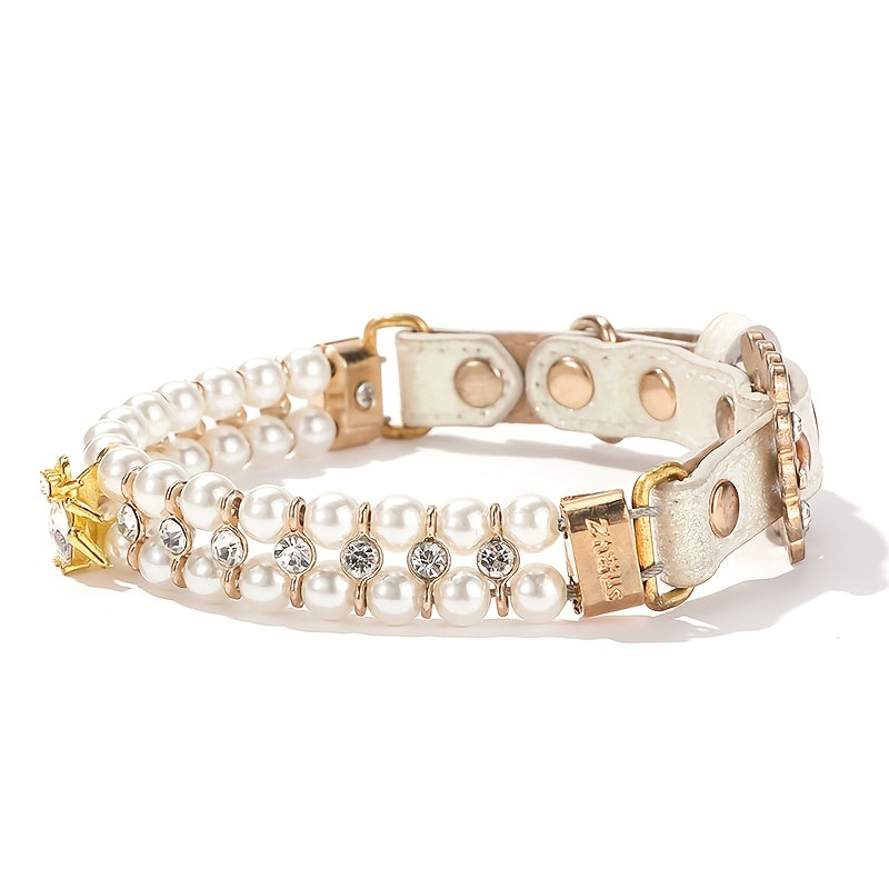 Zhous ABS Material Pearlized Pet Collar, Adjustable Snap-On Collar with Rhinestone Detailing, Beaded Design for Small Dogs and Cats
