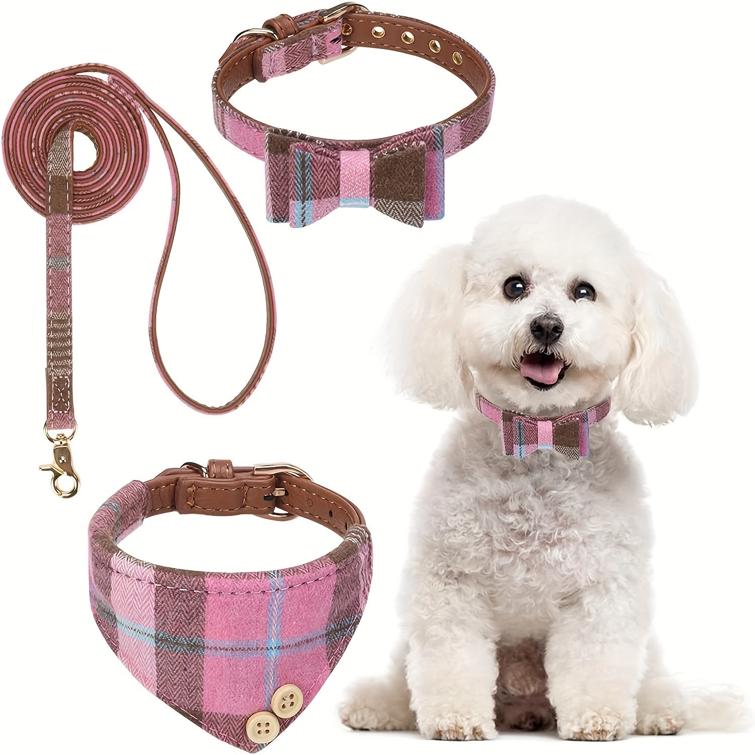 Plaid Leather Dog Collar Set with Bandana and Bowtie, Adjustable Pet Collar with Leash and Bell for Small to Medium Dogs and Cats, Machine Washable