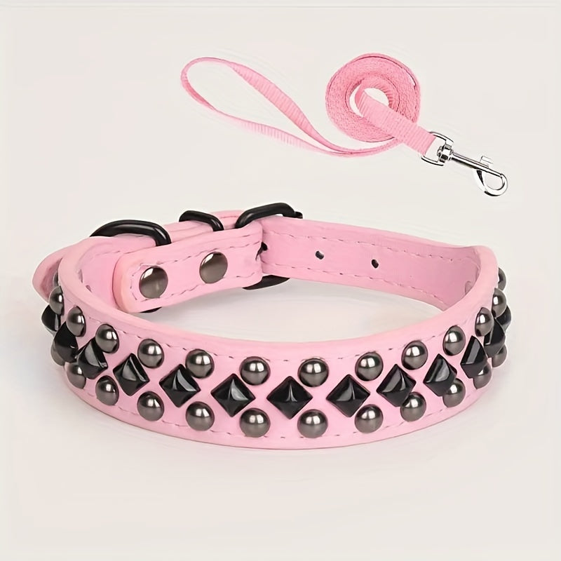 ECP037S Black Faux PU Leather Dog Collar And Leash Set - Comfortable, Durable Pet Accessories for Training & Walking