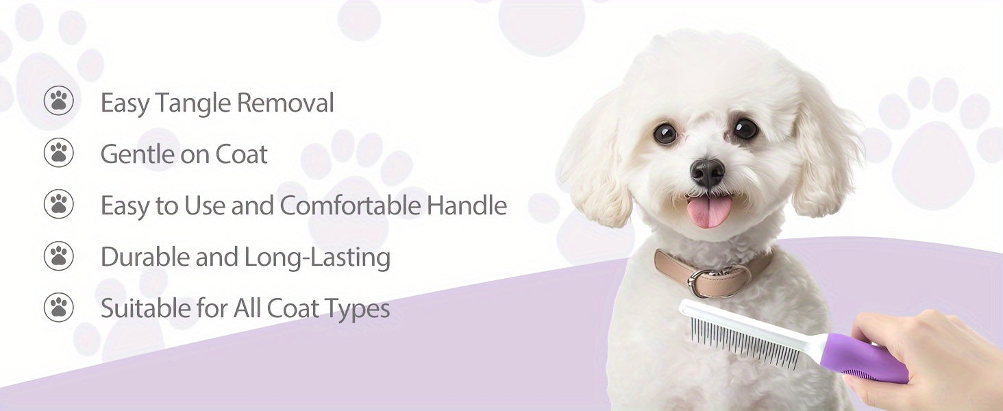 2-in-1 Pet Grooming Comb for Dogs & Cats - Stainless Steel Detangling and Dematting Tool with Long & Short Teeth, Safe Knot Removal for Healthy Coat