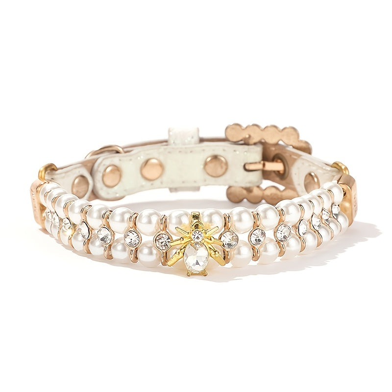 Zhous ABS Material Pearlized Pet Collar, Adjustable Snap-On Collar with Rhinestone Detailing, Beaded Design for Small Dogs and Cats