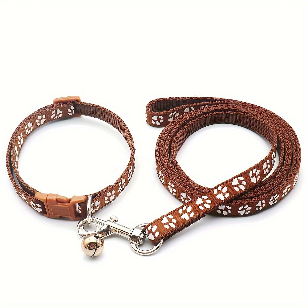 Cute Paw Pattern Nylon Dog Collar - Pet Dog Collar And Leash Set With Bell Long Dog Walking Leash
