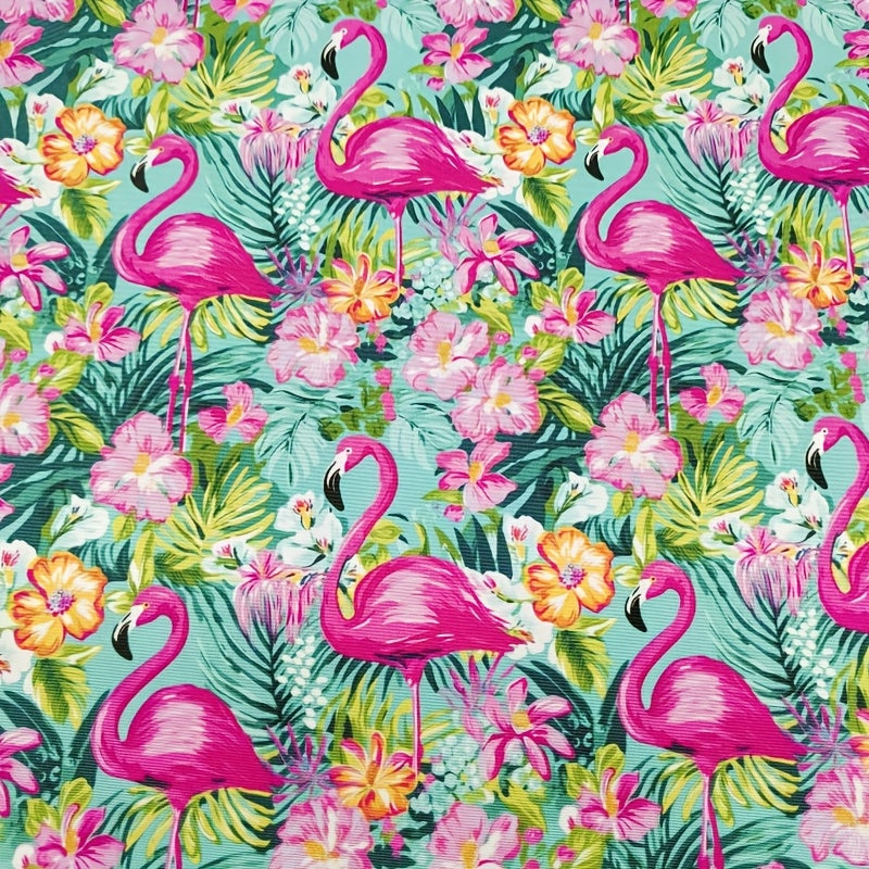 1 Yard Tropical Flamingo & Floral Print Stretch Fabric – Vibrant Pink Flamingos, Colorful Flowers & Tropical Foliage on Aqua Blue Background – Pre-Cut for Shirts, Skirts, Pants, Beachwear, Pajamas, Sportswear, Pet Apparel