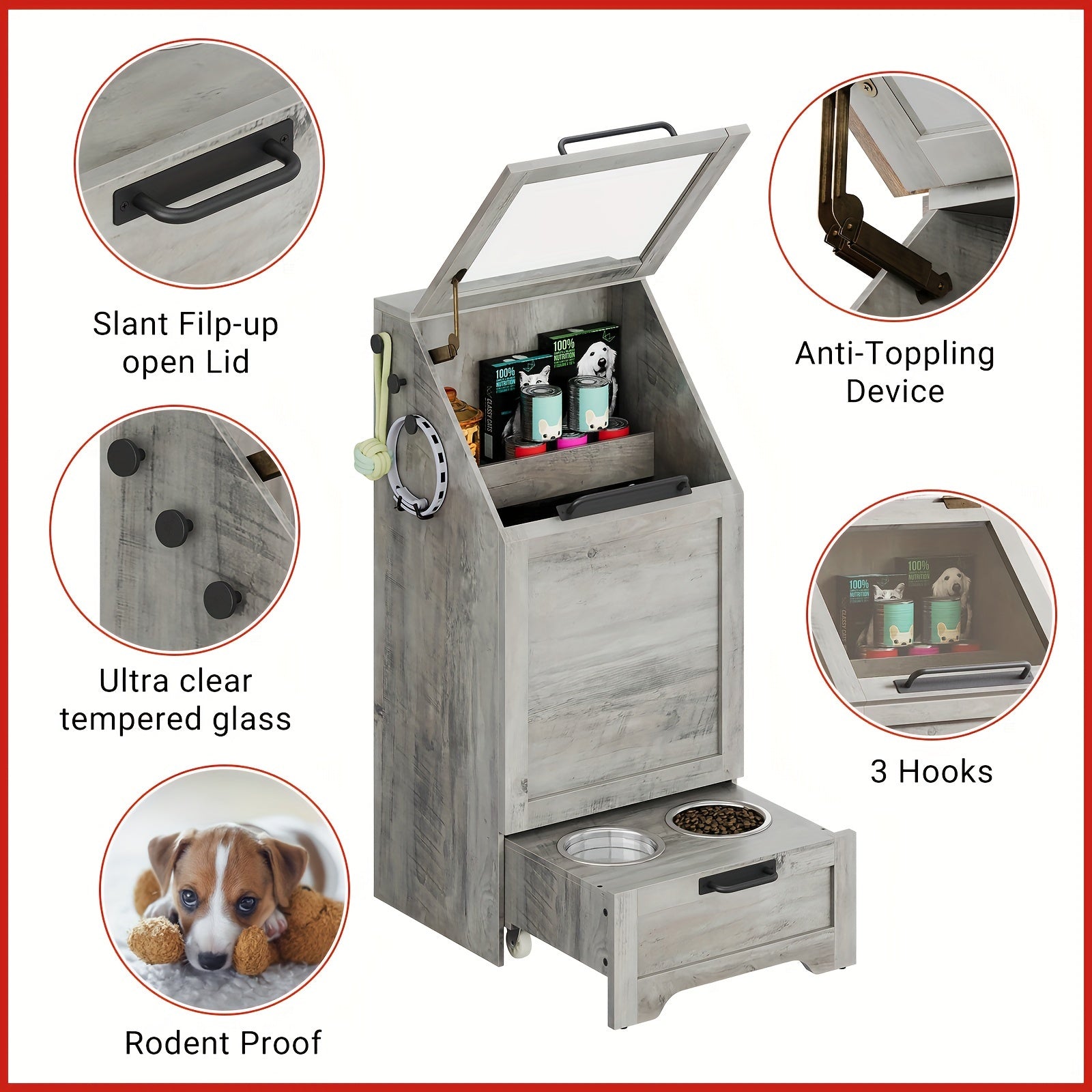 Dog Feeding Station With 2 Elevated Dog Bowls, Pet Feeding Station, Flip Top Dog Food Storage Cabinet, Dog Food Storage Container, Pet Toy Storage Organizer, Modern Dog Storage Organizer, Brown, Grey
