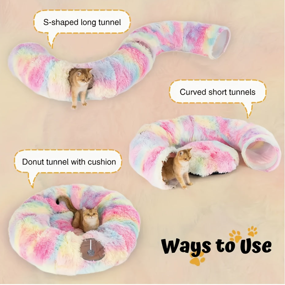 Soft Plush Cat Tunnel with Cozy Donut Bed - Multi-Functional Hideout & Playhouse for Indoor Cats, Kittens, Rabbits, Ferrets - Tunnel Vision Peeping Holes, Large Tube for Hide & Seek, Durable Pet Toy for Small/Medium/Large Fel