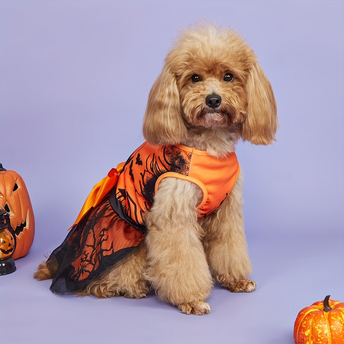 Halloween Castle Print Dog Dress with Bow - Breathable Polyester, All-Season Pet Apparel for Small to Medium Breeds