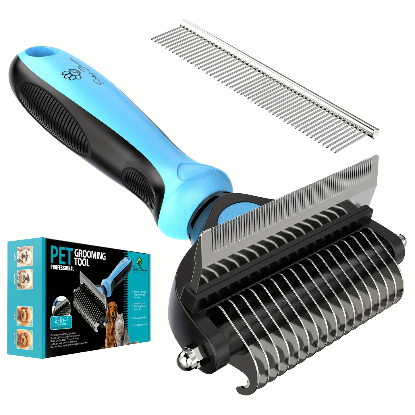 2 in 1 Professional Grooming Rake for Cats & Dogs-Dematting Comb for Easy Mats & Tangles Removing,Hair Removal Cleaner for Pets, Without Battery