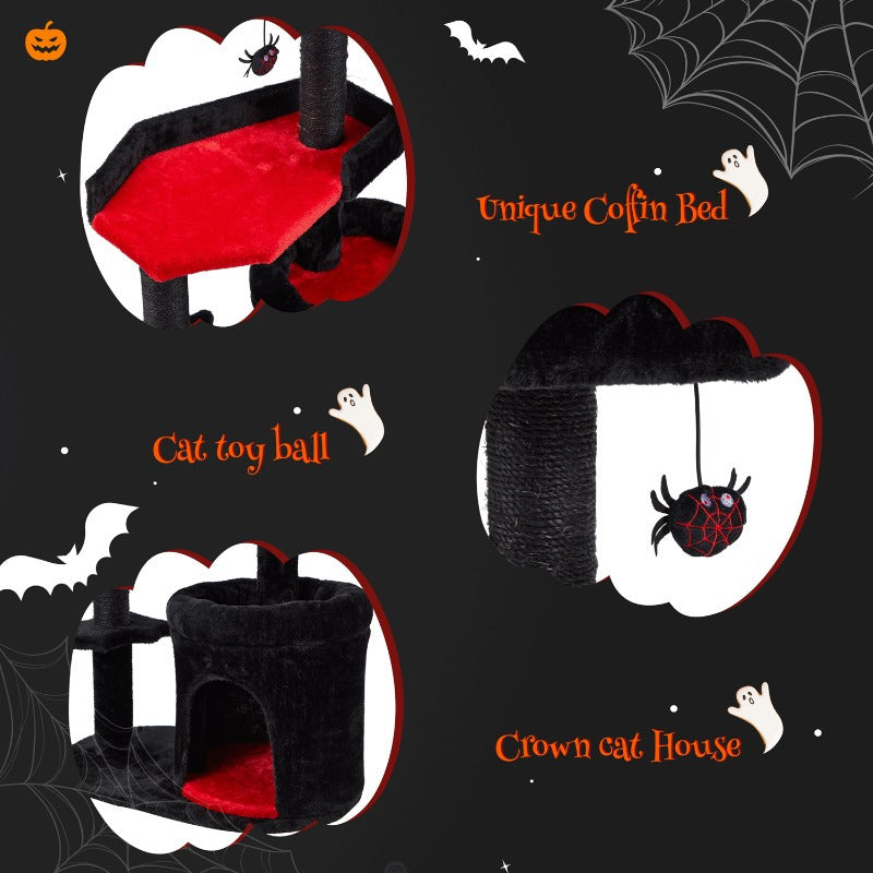 1pc Gothic Iron Cat Tree Tower with Scratching Post, Coffin Bed, and Playhouse - Durable Sisal Rope for Indoor Cats - Halloween-Themed Pet Furniture