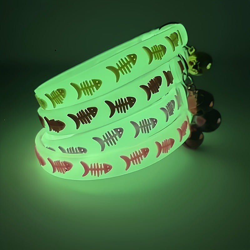 5-piece adjustable luminous pet collar with bell, animal pattern, rubber material, safety night-light cat collar set