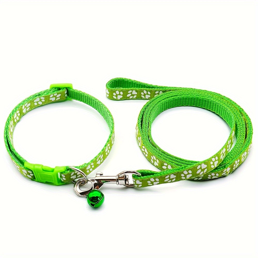 Cute Paw Pattern Nylon Dog Collar - Pet Dog Collar And Leash Set With Bell Long Dog Walking Leash