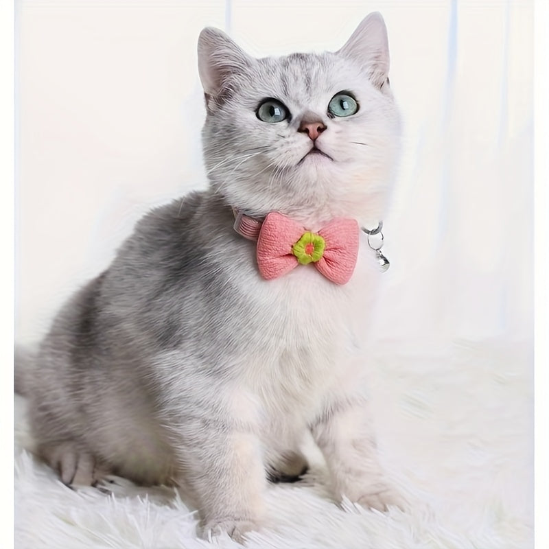 Floral Bowtie Plush Pet Collar With Bell - Adjustable Polyester Neckwear For Cats And Small Dogs
