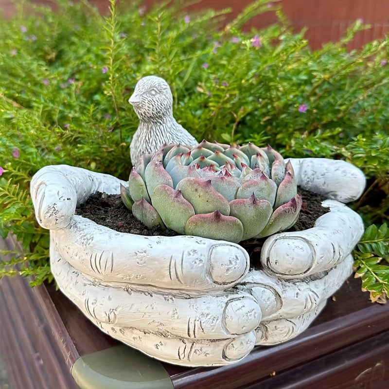 1pc Hand-Shaped Bird Bath, Creative Resin Bird Feeder, Garden Resin Ornaments, Bird Seed Feeding Bowl And Water Station, Gifts For Bird Lovers, Ornaments Decoration For Indoor Desktop Outdoor Lawn Yard Garden
