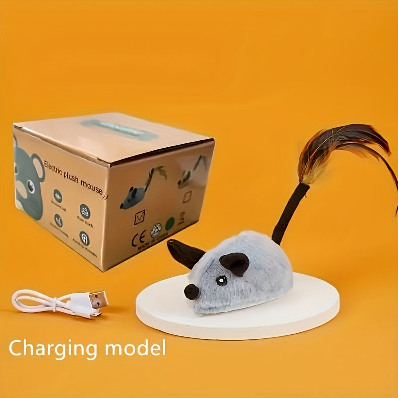 Interactive Whisker Wonders 1pc USB Plush Cat Toy - Electric Teaser Mouse with Sound, LED Lights, Turnaround Steering & Obstacle Avoidance - Durable Fabric Pet Toy with Feather Tail