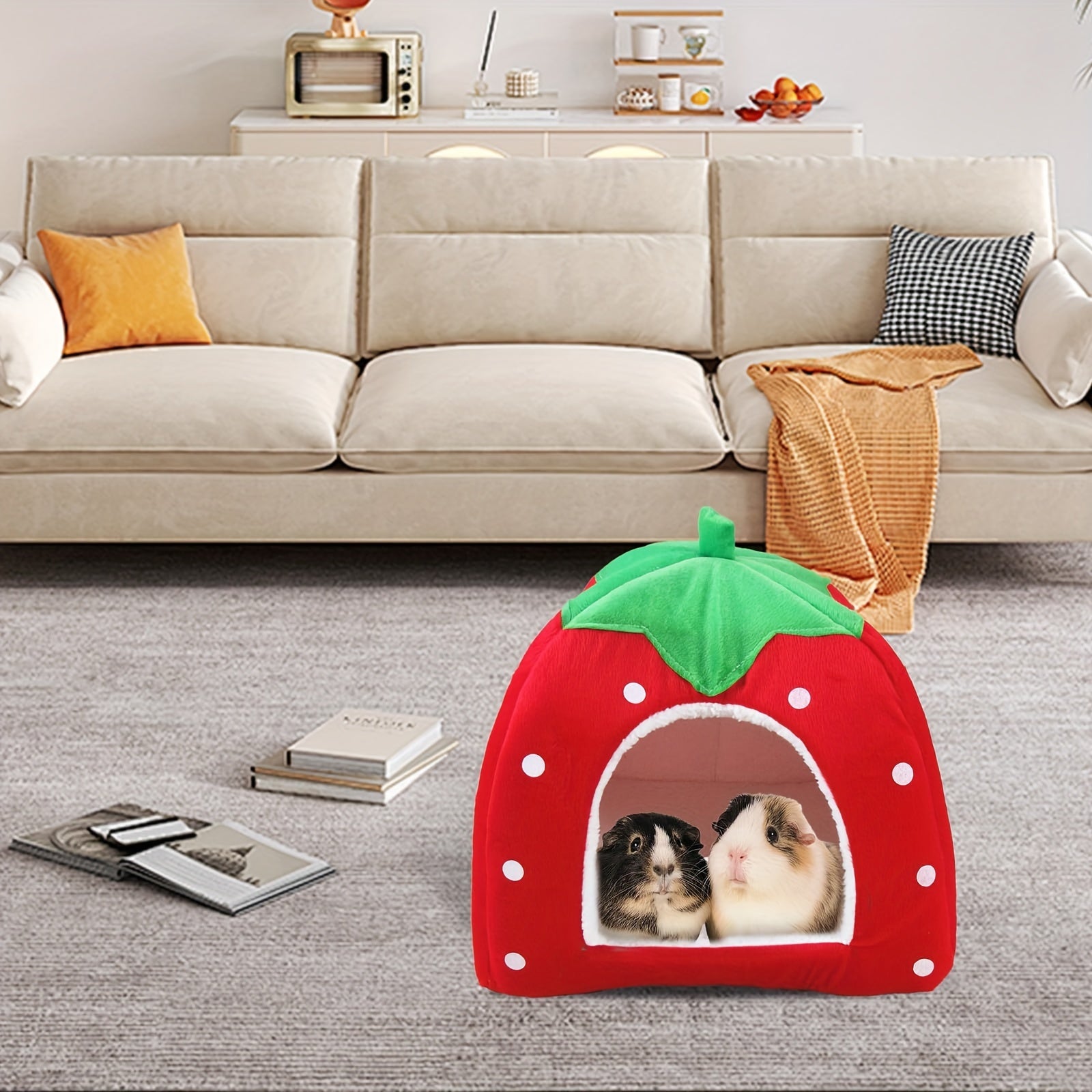 Strawberry-Shaped Small Pet Bed with Removable Cushion - Cotton Cozy Hideaway for Rabbits, Guinea Pigs, Hamsters, and Hedgehogs, Warm Fleece Cuddle Cup Pet Tent
