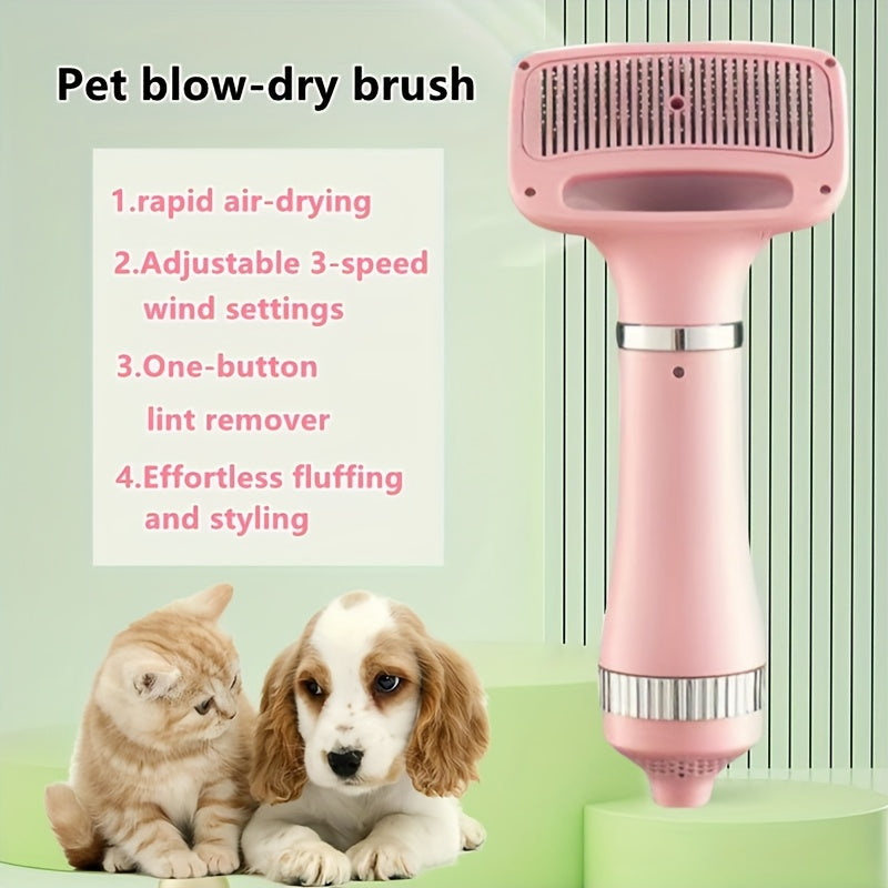 2-in-1 Portable Pet Grooming Drying Brush - Fast, Smooth, Efficiently Drying for Reduced Shedding and Tangling, Ideal for All Body Sizes of Dogs and Cats, Metal Body, Stainless Steel Bristles, US Plug, 110V/220V