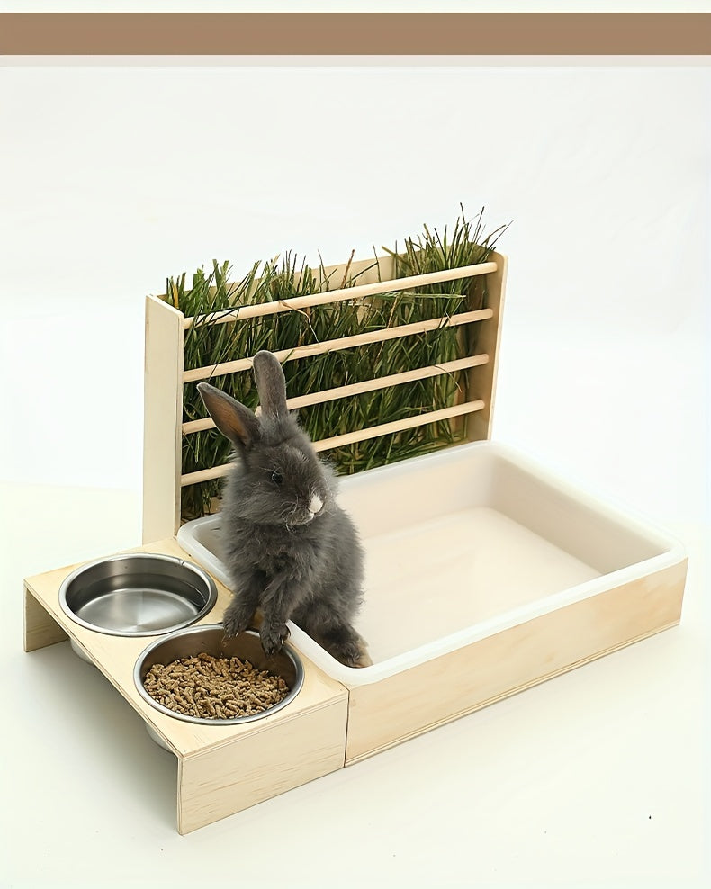 Small Pet Feeding Station with Hay Rack, Cat Litter Box & Dual Bowls - Ideal for Rabbits and Guinea Pigs