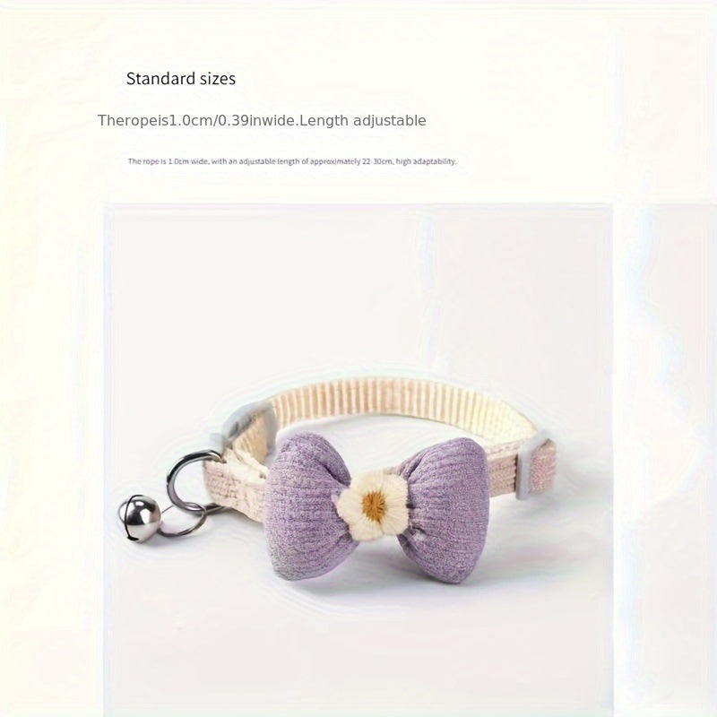 Floral Bowtie Plush Pet Collar With Bell - Adjustable Polyester Neckwear For Cats And Small Dogs