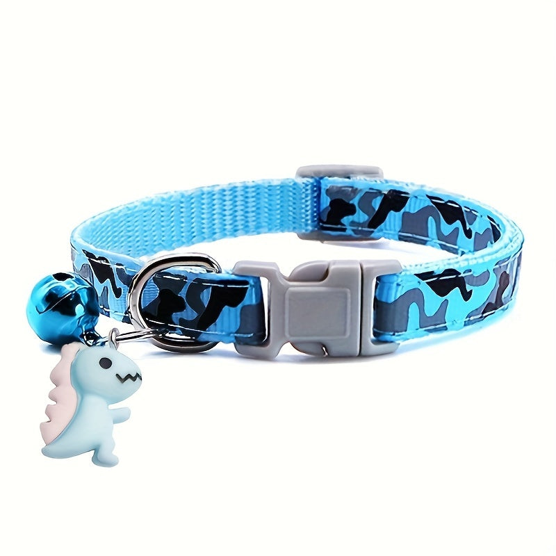 GEKTIMER Adjustable Camo Print Pet Collar with Bell and Cute Dinosaur Charm, Soft Padded Comfortable Design, Ideal Fashion Accessory for Cats, Kittens, and Small Dogs, Polyester Material in Cute Style