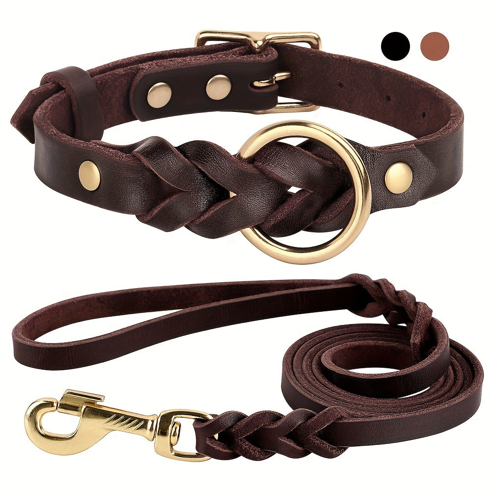 For Medium and Large Dogs, Durable Genuine Leather Pet Collar with Heavy Duty Metal Buckle, Stylish and Comfortable Dog Necklace with Leash Dog Traction Rope