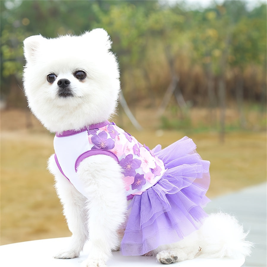 Small Breeds Floral 3D Flower Design Pullover Dog Dress - Woven Polyester, Breathable, Lightweight Pet Apparel for Toy & Mini Dogs, Cats, Pet Fashion Accessories
