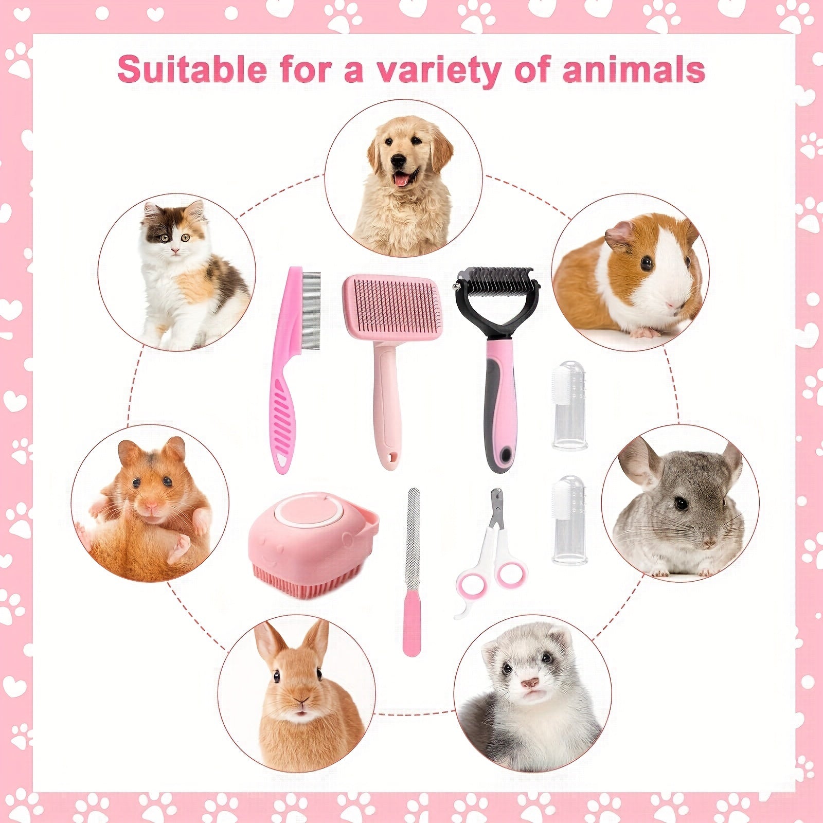 8pcs Pet Grooming Set, Dog Brush Set with Nail Clipper, Flea Comb, Shampoo Brush, Hair Removal Brush, and Silicone Toothbrush