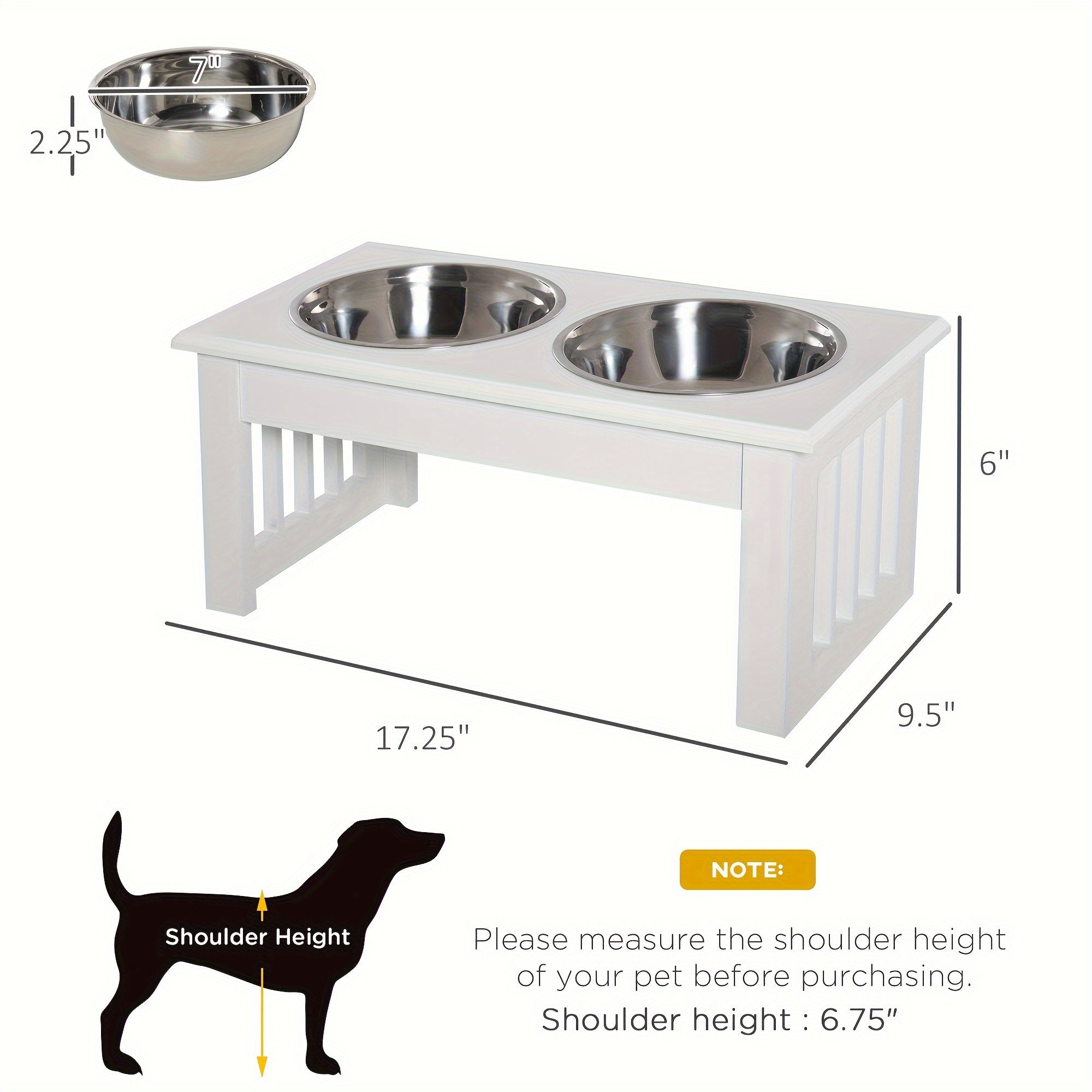 PawHut 6" Height Small Puppy Dog Feeding Station For Messy Pets, Stainless Steel Elevated Dog Bowls With Modern Wooden Frame, Dog Food Stand Pet Feeding Station, White