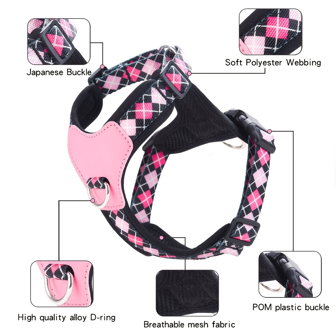 1pc Adjustable Pet Harness, Adjustable Neck and Chest, Durable Webbing Support, Anti-Deformation Metal D-Ring, Soft Mesh Fabric Base Material.