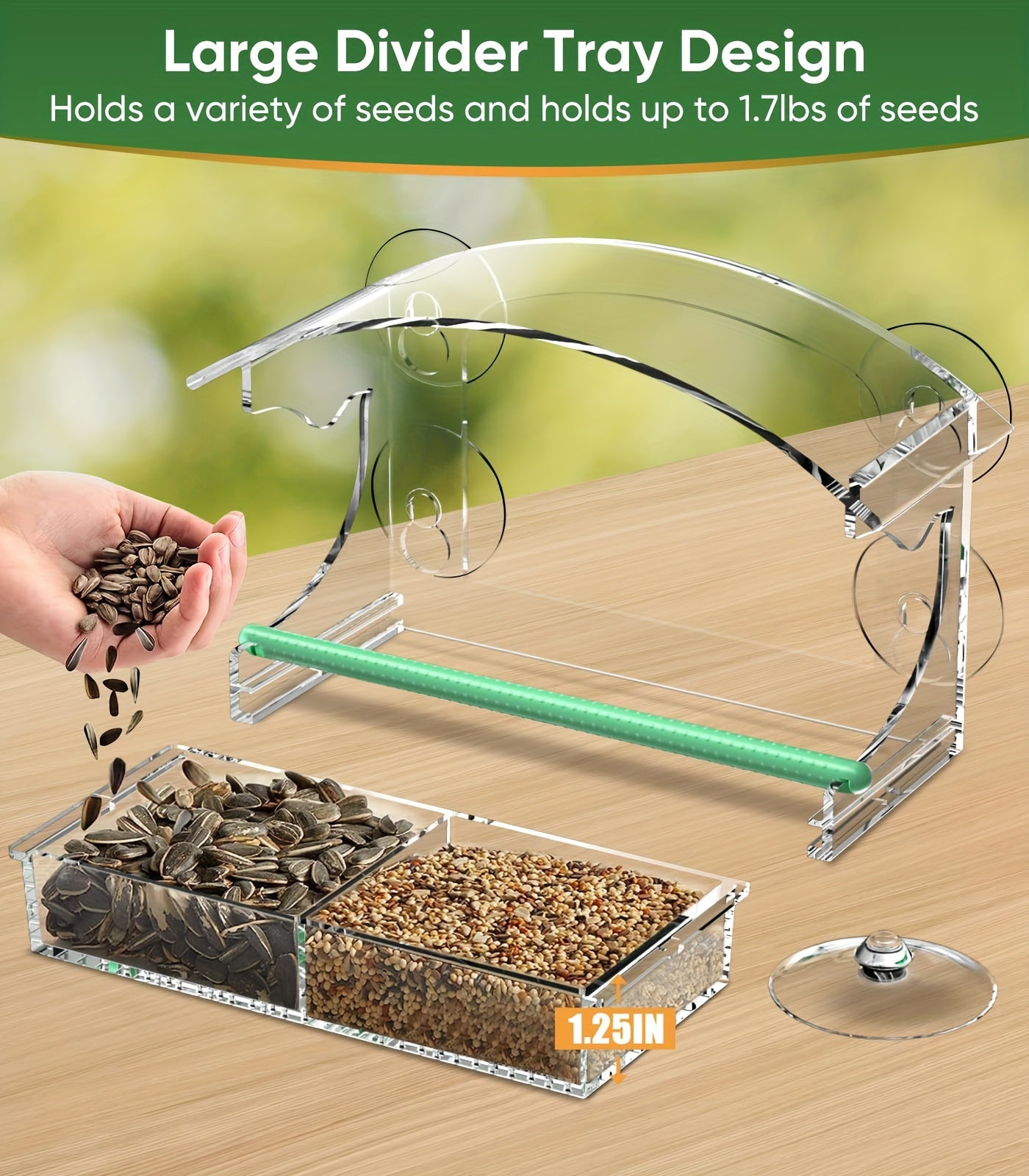 1pc Large Acrylic Window Bird Feeder - Feeders with Sliding Seed Holder, 4 Extra Strong Suction Cups, and Easy Cleaning Design for Outside Wild Birds