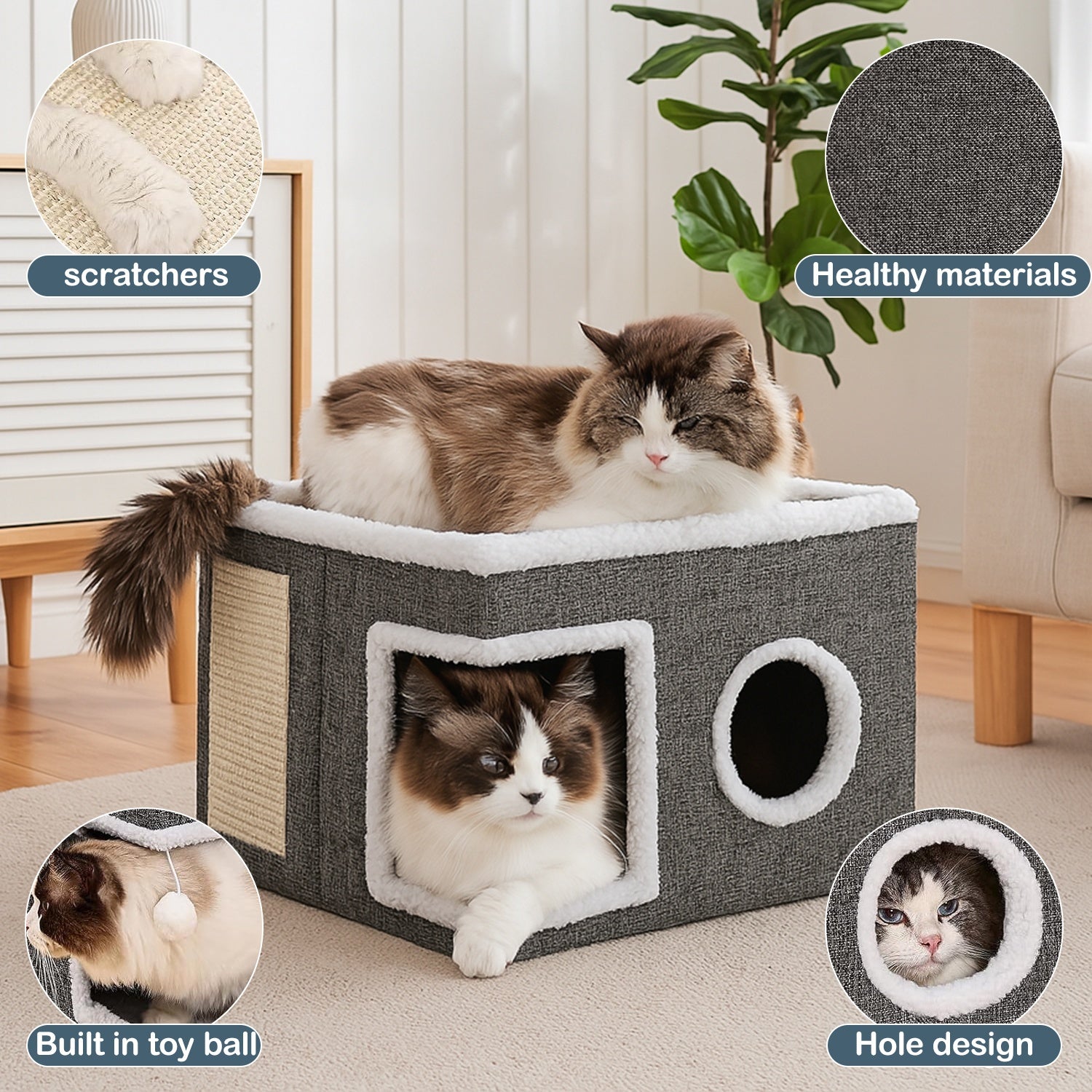 Luxury Multi-Level Cat House - 2-Tier Bed & Play Cube with Toy Tunnel, Foldable Sofa, Climbing Rope & Soft Cushions - Durable Nylon Frame & Weatherproof Canvas Indoor/Outdoor Cat Shelter with Hanging Balls - All-Season Comfor