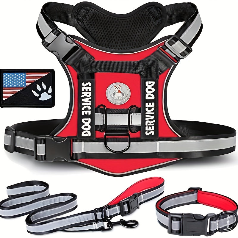 3pcs Service Dog Vest Harness Set, Polyamide Material, Adjustable No-Pull Pet Harness, Leash & Collar, with Hand Wash Only, for Walking, Training & Outdoor Activities, Without Battery