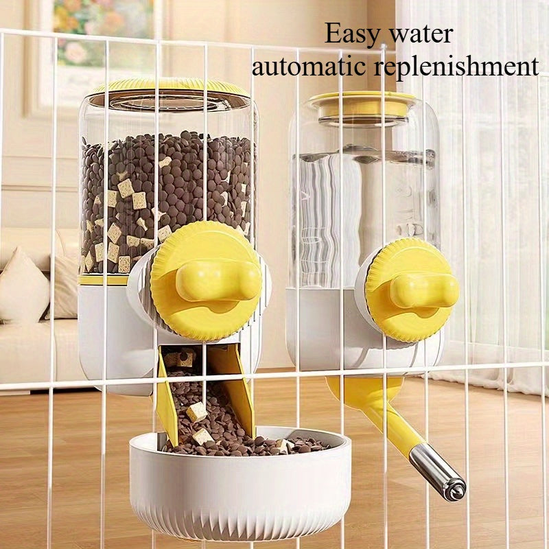 A 2pcs hanging automatic feeder drinking bowl, automatic gravity pet feeder no drip water set, Cage pet feeding bowl dispenser for pet cats, dogs, puppies, rabbits (yellow gray green food)