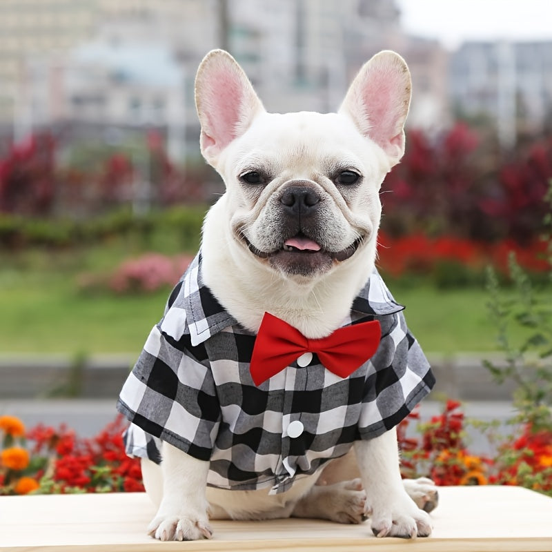 1pc Dog Plaid Suit With Bow Tie, Pet Wedding Attire, Dog Clothes For Small To Large Dogs, Pet Apparel