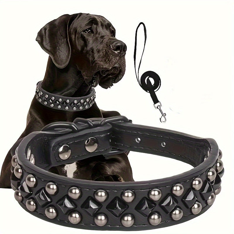 ECP037S Black Faux PU Leather Dog Collar And Leash Set - Comfortable, Durable Pet Accessories for Training & Walking