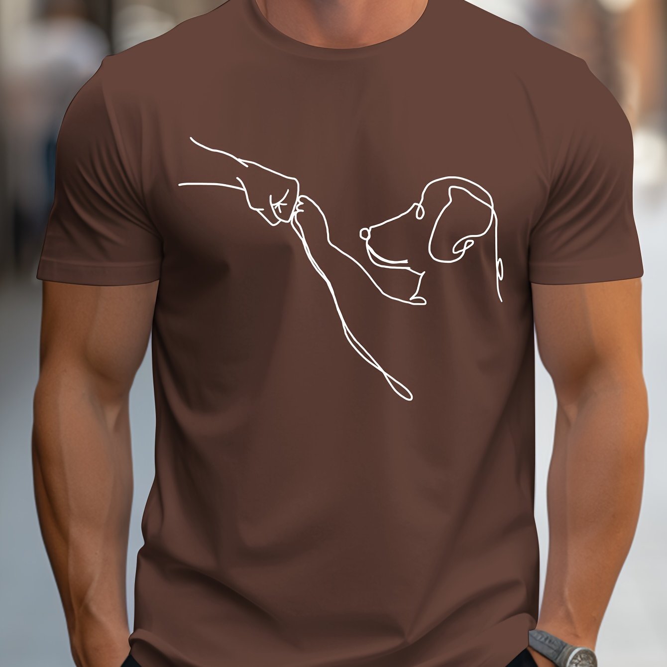 Men's Line Art Dog Print T-Shirt: Poop Scooper Exclusive! Super Cute Hand-Drawn Puppy Sketch, Minimalist Pet Interaction Design – Adorable Paw Print & Leash Graphic Tee