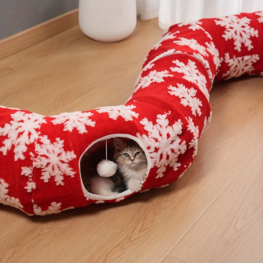 Christmas Cat Tunnel & Bed - Extra Large 37.01in Plush Warm Cozy Cat Bed with Expandable Donut, Snowflake Pattern, Holiday Theme, Anxiety Relief, Indoor Use, Red & Green, Cat Bed for Indoor Cats, Festive Pet Furniture, Playfu