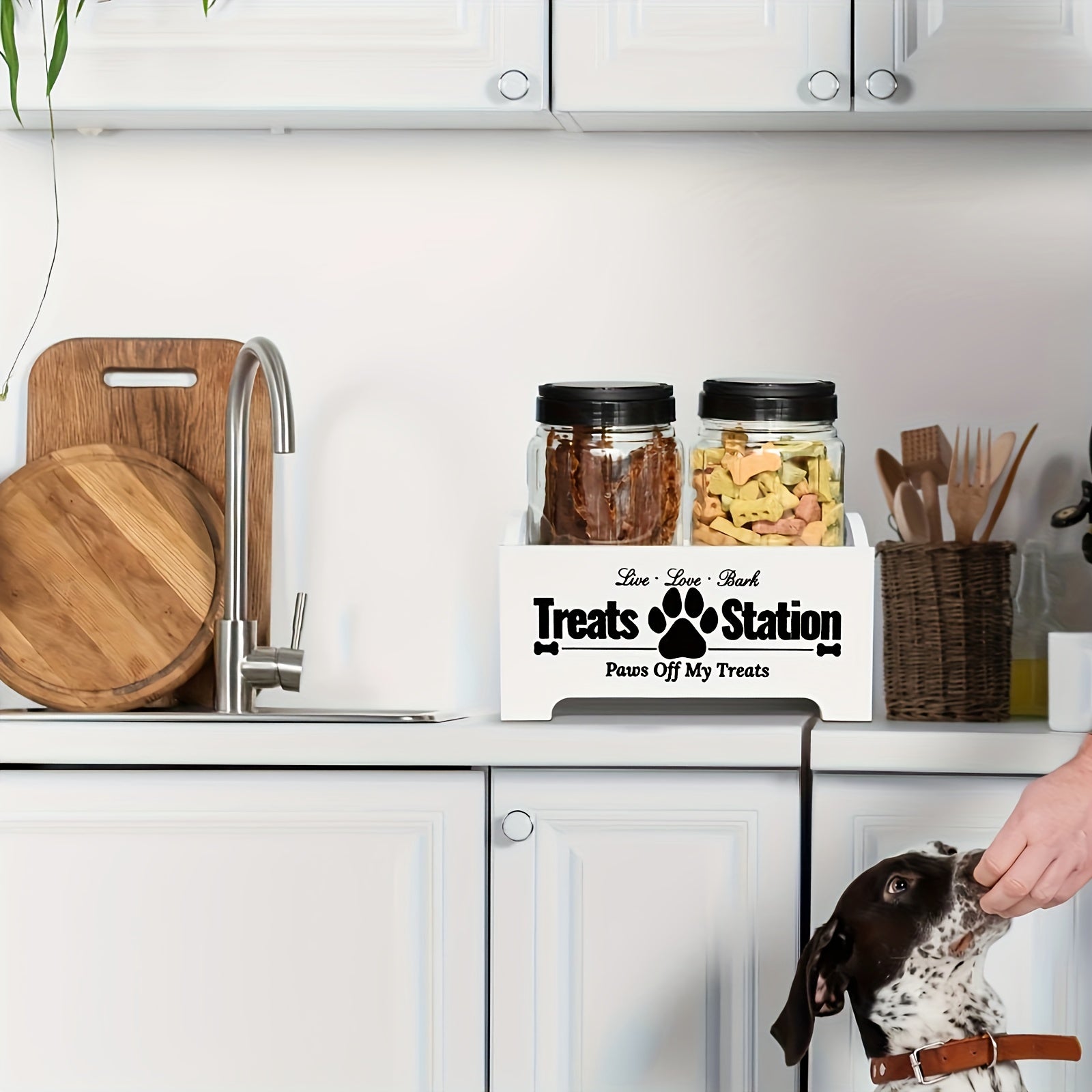 3pcs Wooden Dog Food Storage Organizer with 2 Plastic Containers, Farmhouse Pet Food Container, Wooden Dog Food Rack, Rectangle, Pet Feeding and Drinking Supplies, Country Style, Black and White Dog Food Storage Box