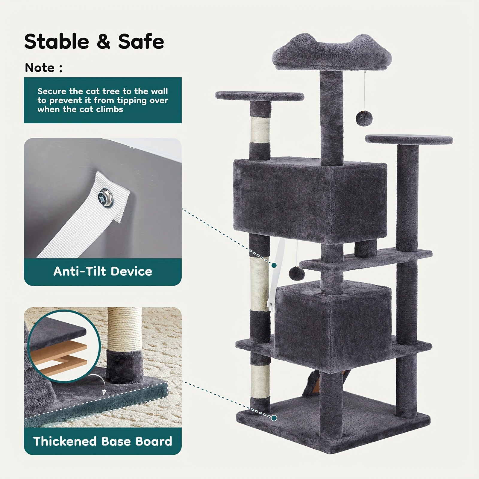 Cat Tree Tower for Indoor Cats, 54in Tall Multi-Level Pet Furniture, Kitty Play House with Sisal Scratching Post, Large Condo, Climbing Ladder, Plush Toy for Kitten