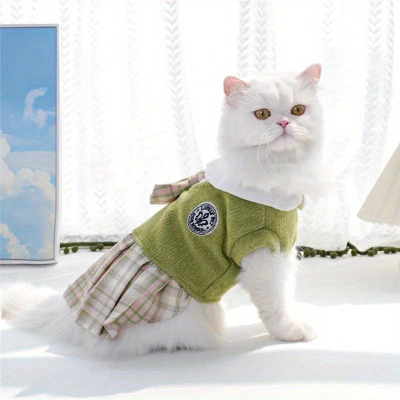 Small Breeds Polyester All-Season Dog Dress, Chic College Style Pet Apparel with Plaid Skirt and Collar, Pullover Design, Ideal for Spring, Cat & Chihuahua, Available in Pink, Blue, Green