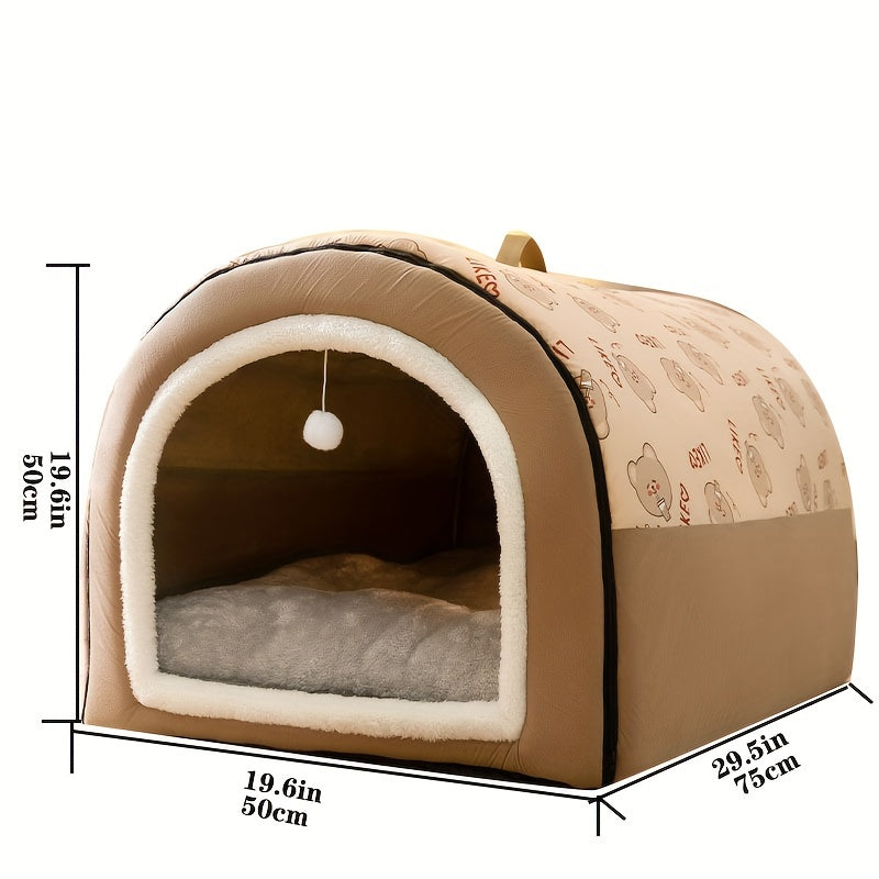 EnigmaTails Cartoon Pattern Dog House, Winter Warm Polyester Pet Bed with Memory Foam, Detachable and Washable, Suitable for Extra Small to Large Dogs, Brown