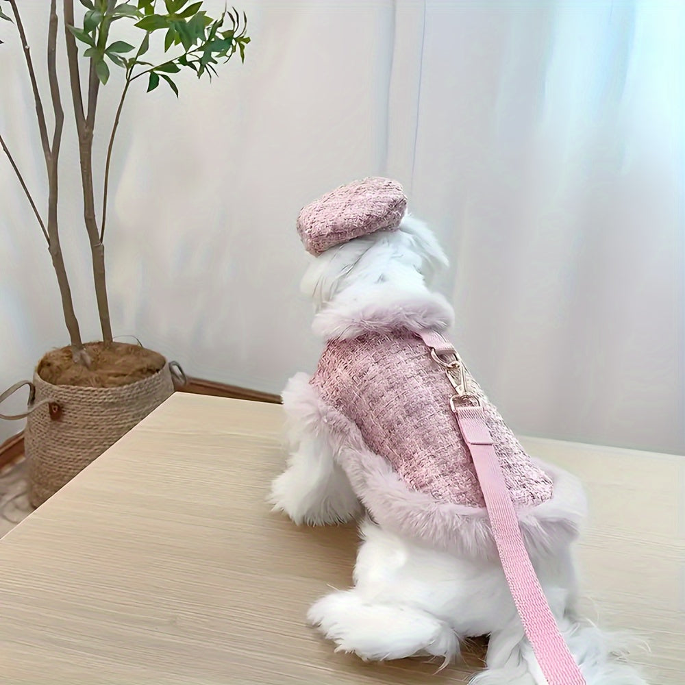 Cozy Pink Plush Dog Sweater with Adjustable Harness and Leash Set - Knit Winter Coat for Small to Medium Breeds, Fashionable Pet Apparel for Autumn & Winter Comfort