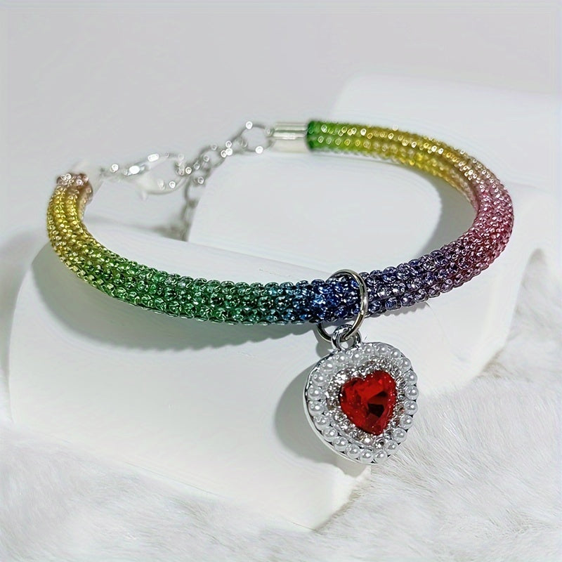 Sparkling Heart-Shaped Pearl Pendant Pet Collar - Adjustable, Rhinestone Accents for Cats & Dogs - Fashionable Valentine's Day Accessory